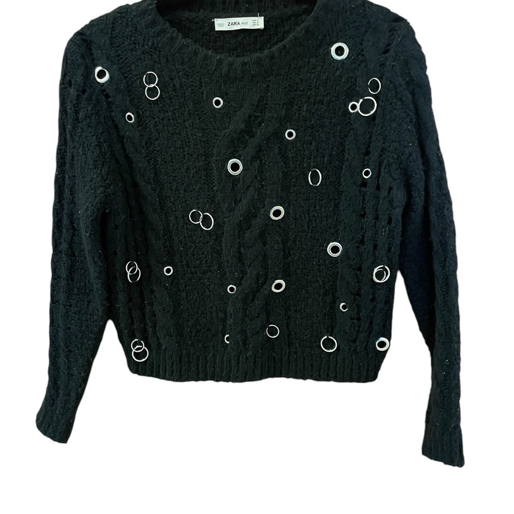 Zara Chunky Knit Cropped Sweater, Size S, Black, Silver Circle Hardware …
